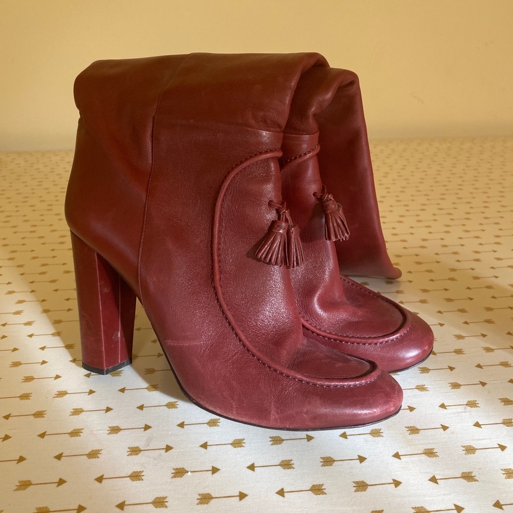 J. Crew Red Leather Knee-High Boots Tassel